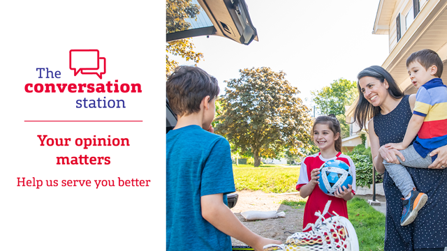 Picture shows a family where a mother is holding her son on her arms and 2 more kids one girl and a boy standing next to her as a promoting the discussion forum called "The Conversation Station"